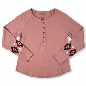 Ariat Pink Western Aztec Henley Long Sleeve Stretch Casual Southwest Top Size M